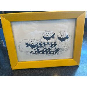Vtg 1980's Detroit Artist Mary Ewald Pen And Ink Art 3 Cats At A Picnic Black